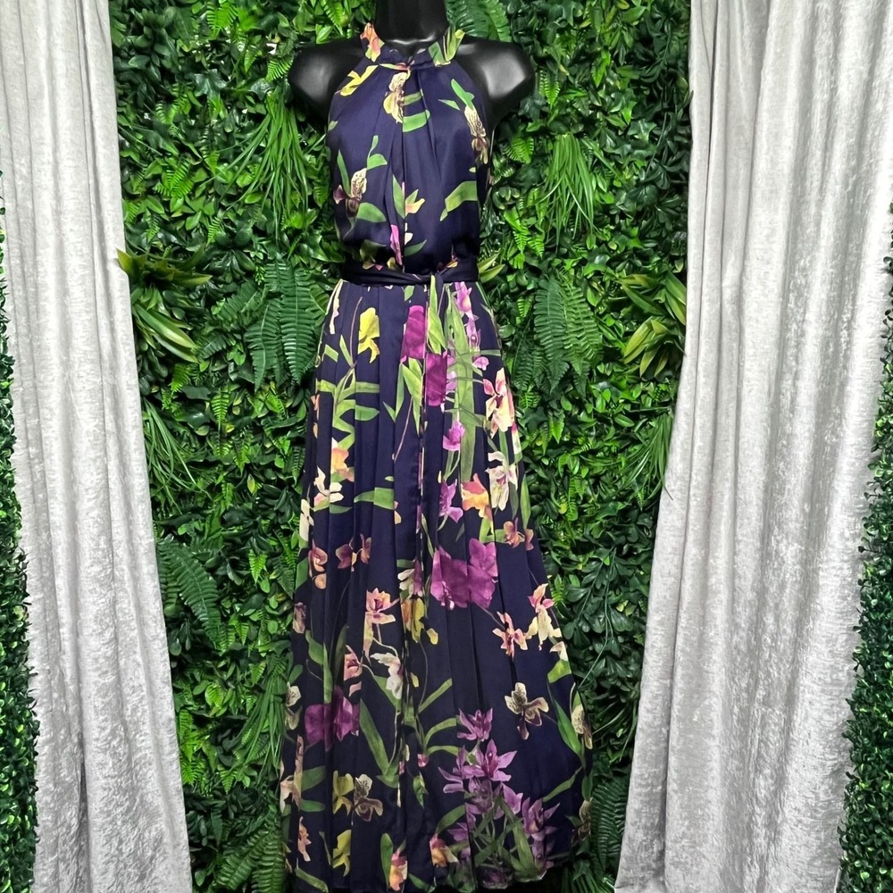 Karen Millen Atelier Pants Jumpsuit 8 Navy Purple Floral Halter Wide Leg 4055 - Picture 2 of 9